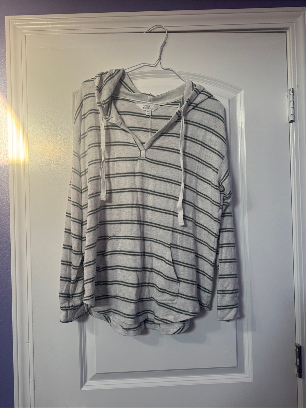 Women’s Striped Hooded Pullover Top - Light Green & White
